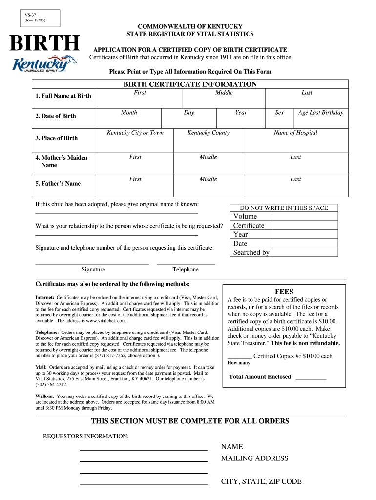 2005 Form KY VS 37 Fill Online Printable Fillable Blank PdfFiller