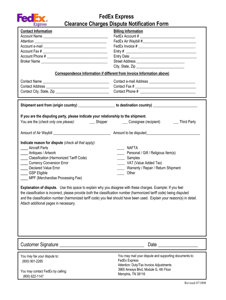 2008 FedEx Express Clearance Charges Dispute Notification Form Fill 