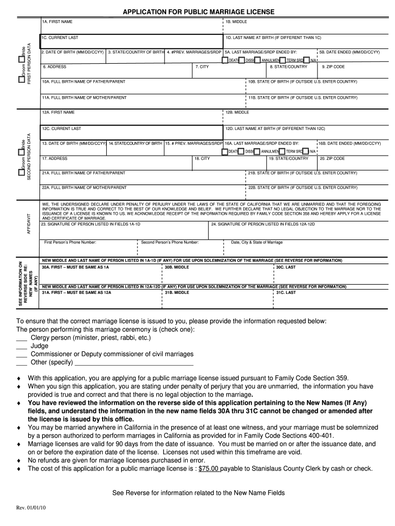 2010 Form CA Application For Public Marriage License Fill Online 