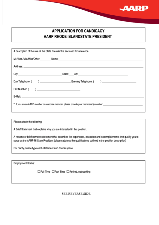 Aarp Rhode Island State President Application For Candicacy Printable 