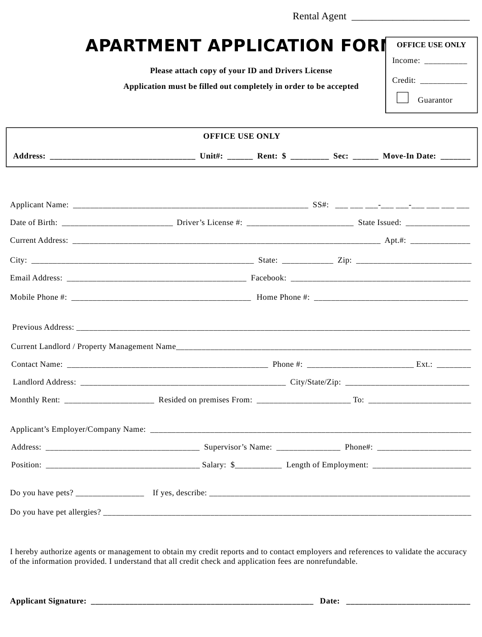 Printable Apartment Application Form Printable Application