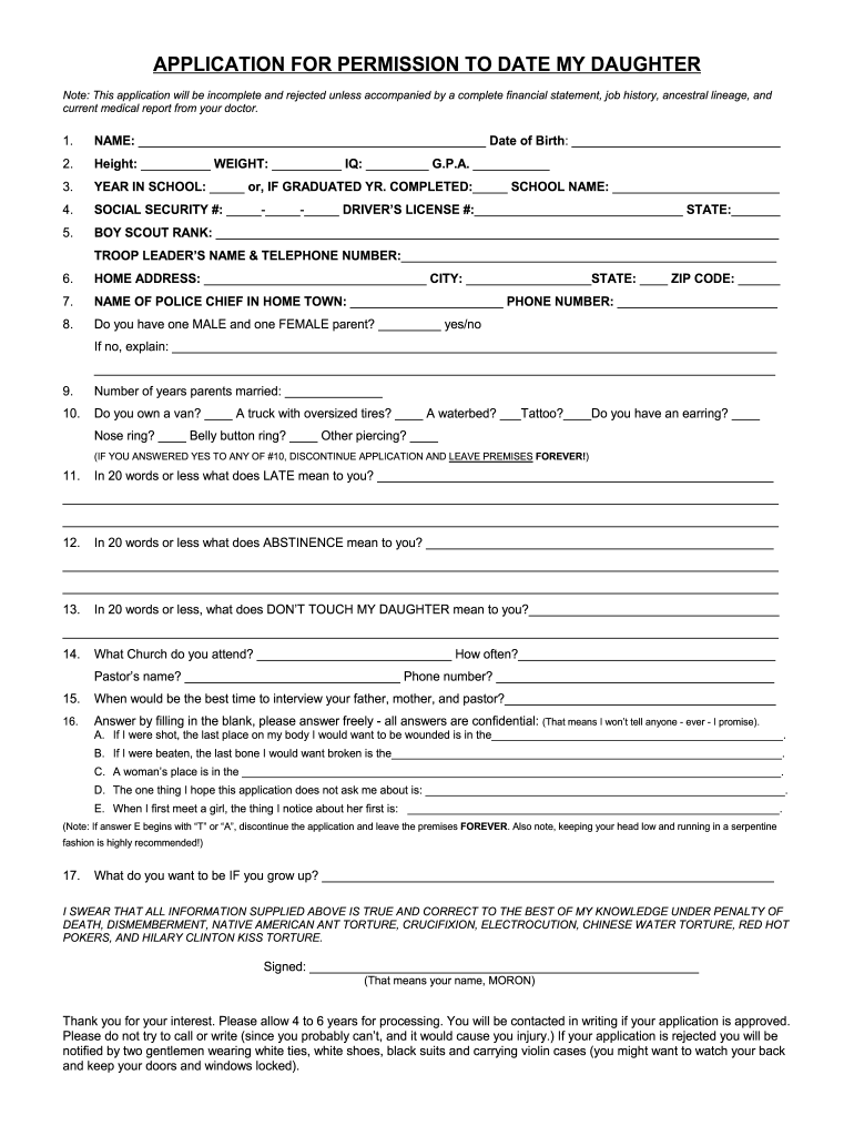 Application For Permission To Date My Daughter Fill And Sign 