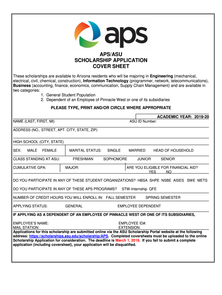 ASU APS ASU Scholarship Application Cover Sheet 2019 2021 Fill And 