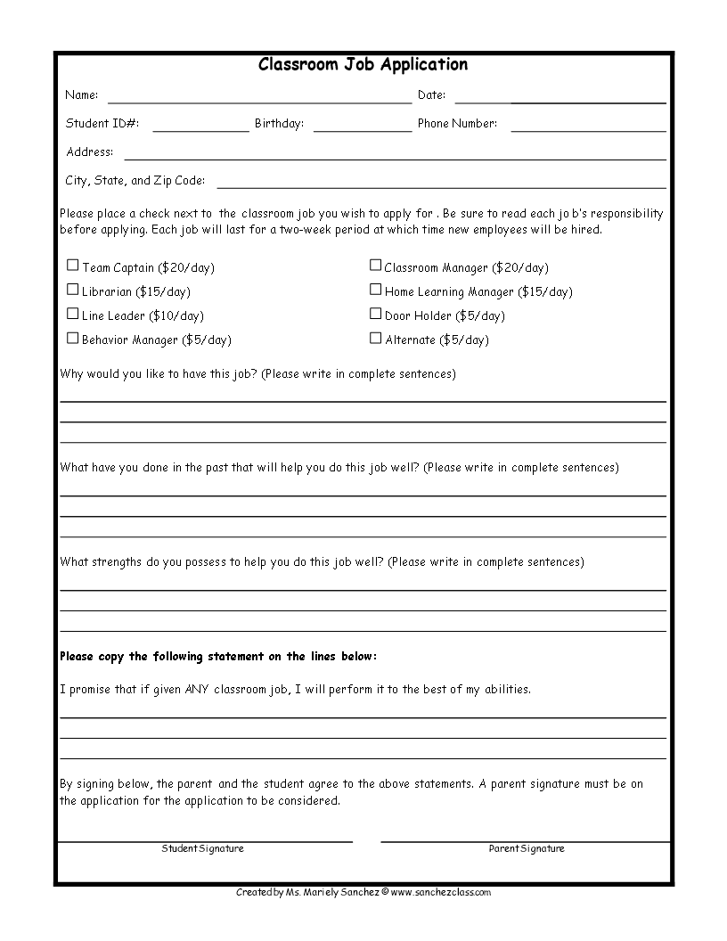 Free Printable Classroom Job Application Printable Application