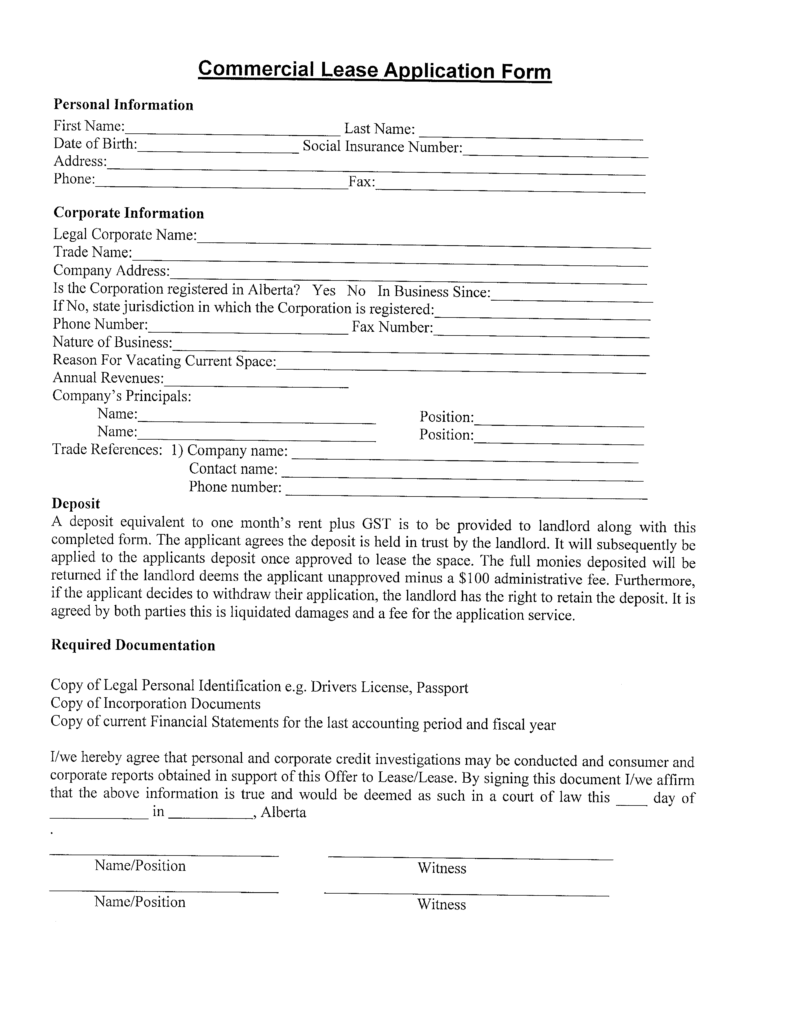 Blank Commercial Lease Application Form Templates At 