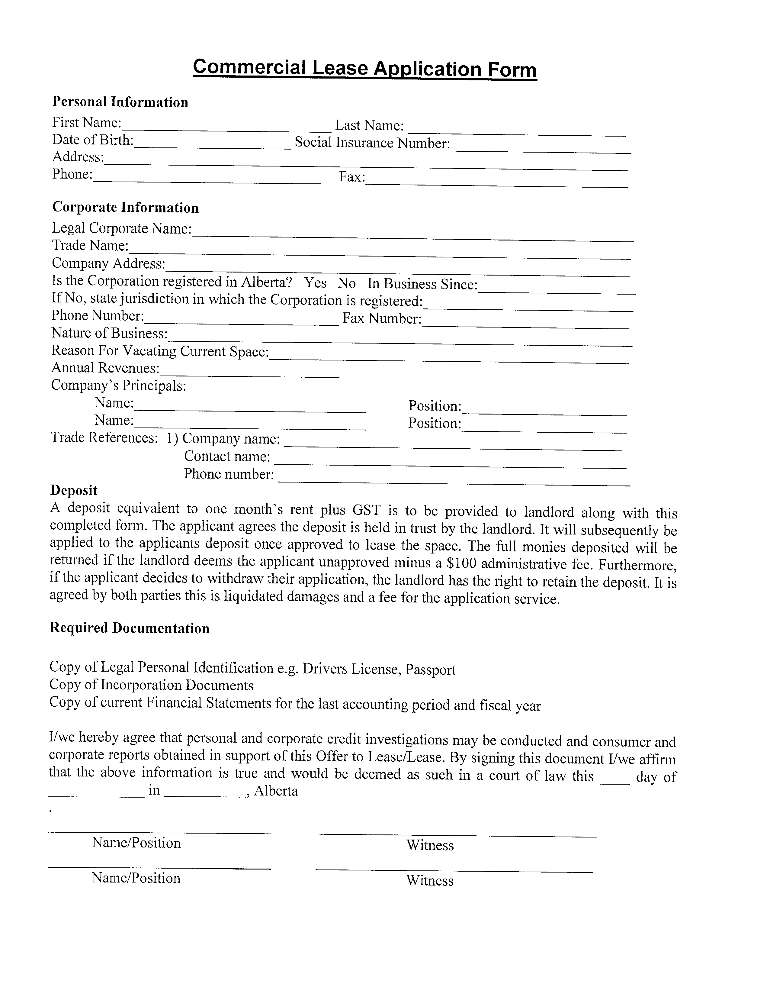 Blank Commercial Lease Application Form Templates At