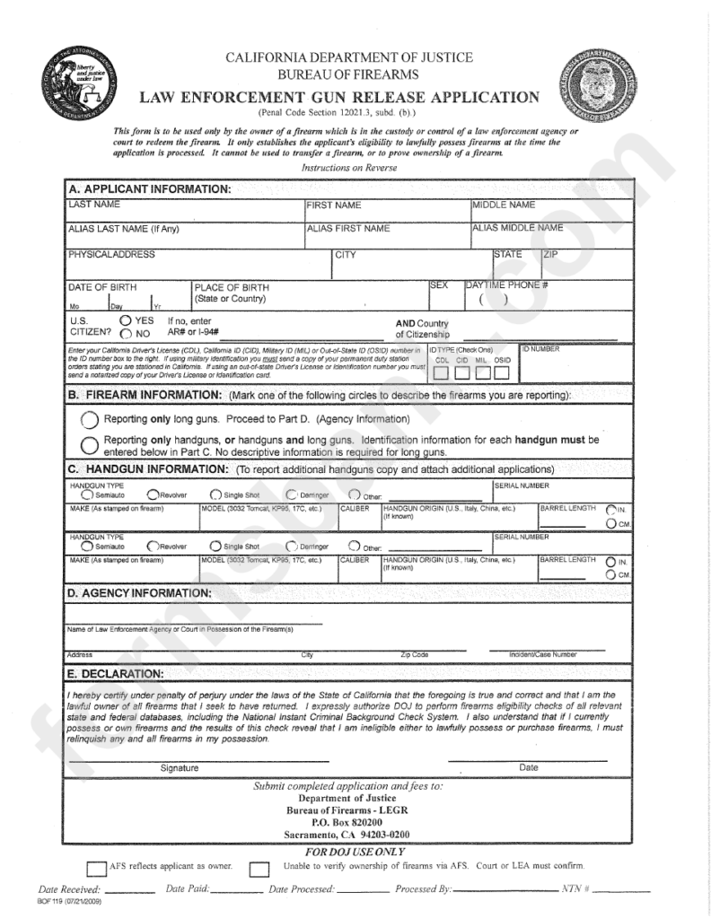 Bof 119 Application For Gun Release City Of Hollister State Of 