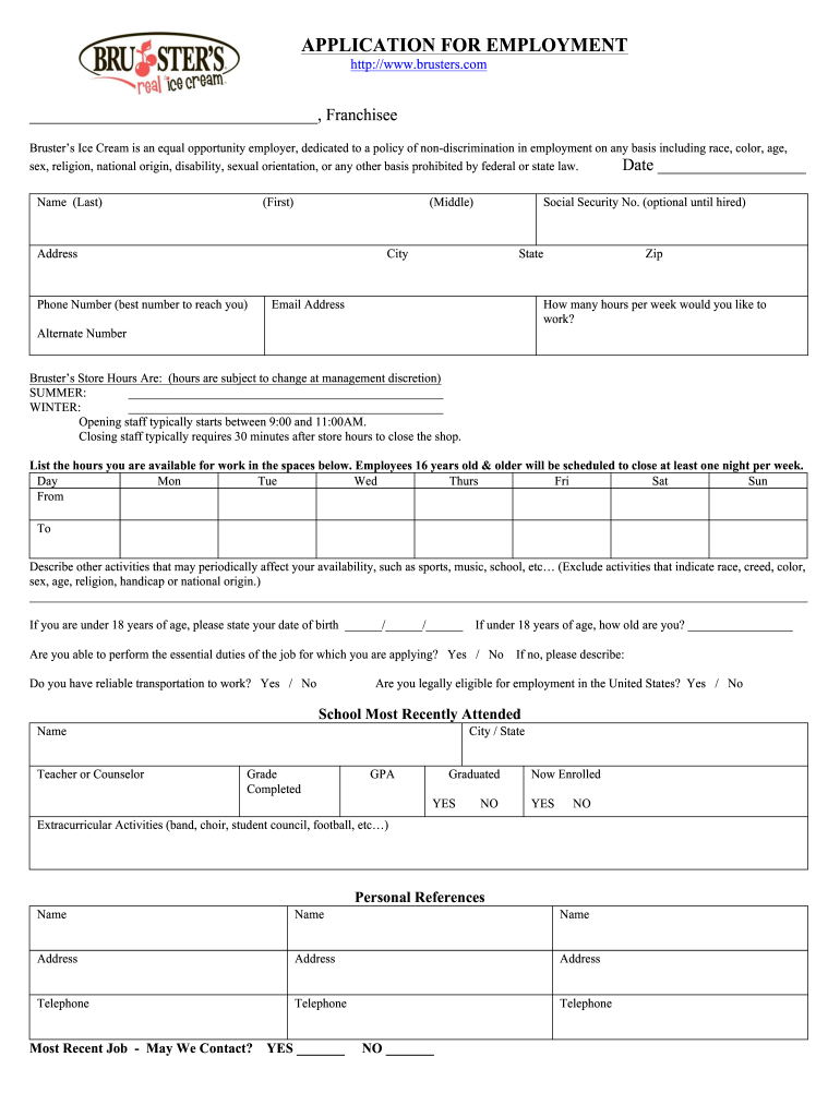 Brusters Application Fill Out And Sign Printable PDF Template SignNow