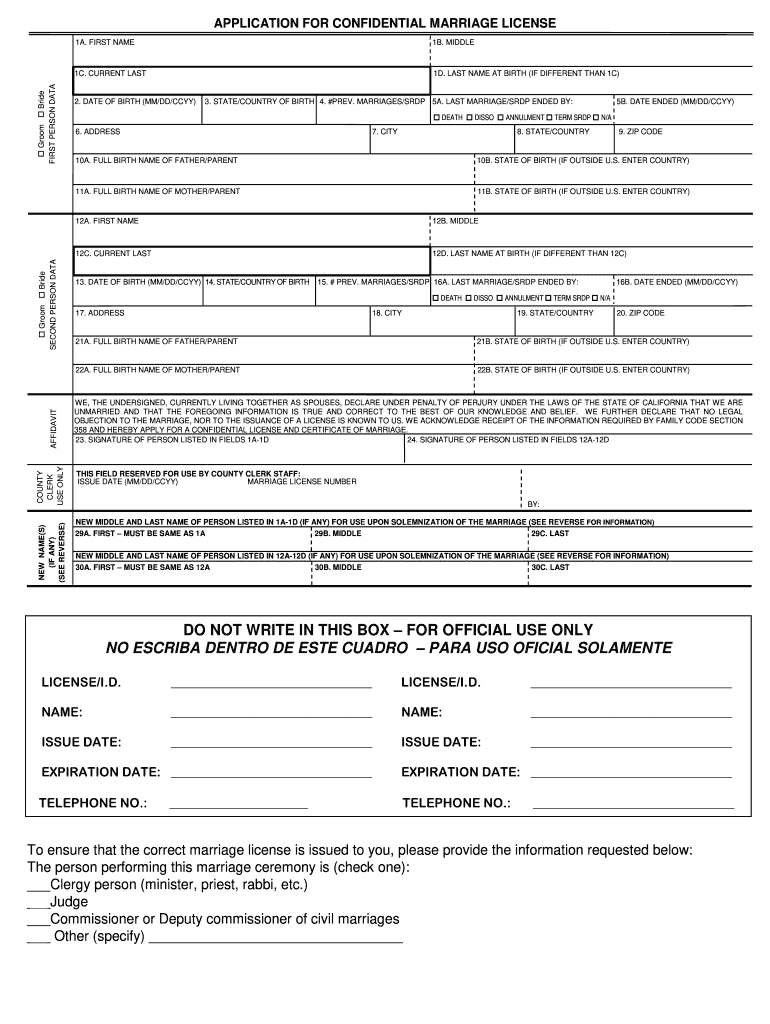 CA Application For Confidential Marriage License San Benito County 
