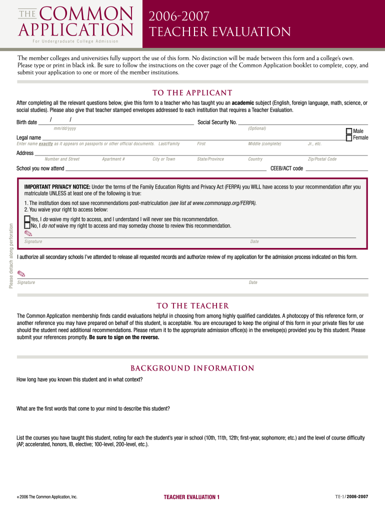 Common App Teacher Recommendation Form Fill Online Printable 