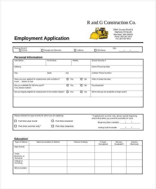 Printable Construction Job Application Template Printable Application 0822