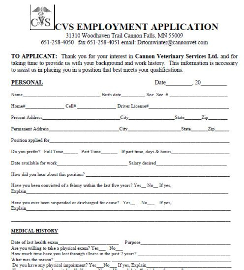 Cvs Pharmacy Job Application Form Pdf Printable Job Applications Job 