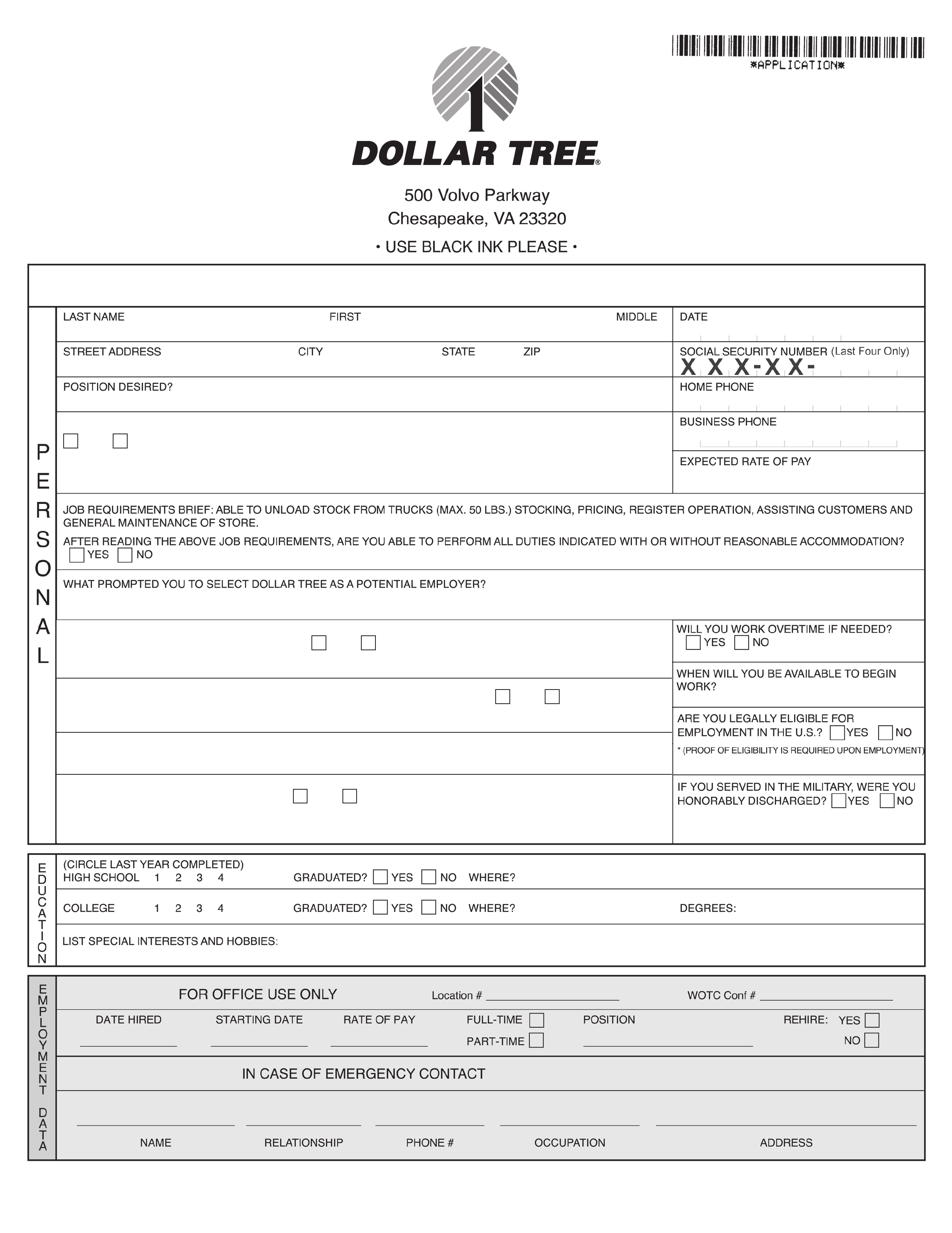 Dollar Tree Application For Employment Form Free Download