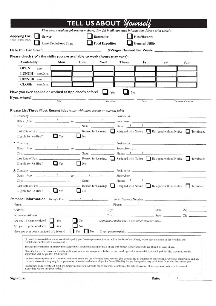 Download Applebee s Job Application Form Fillable PDF WikiDownload