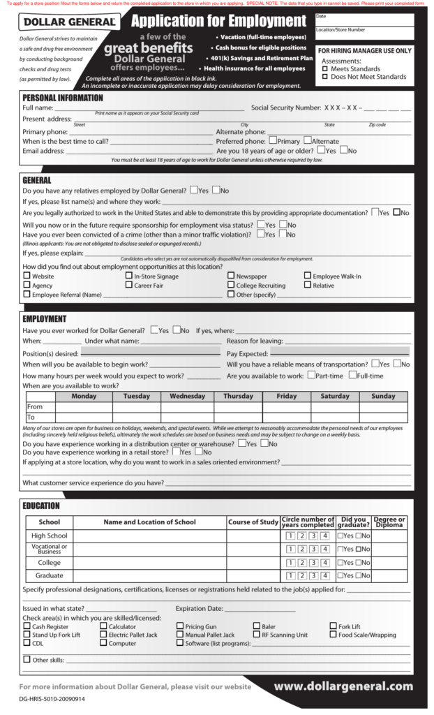 Download Dollar General Job Application Form PDF FreeDownloads