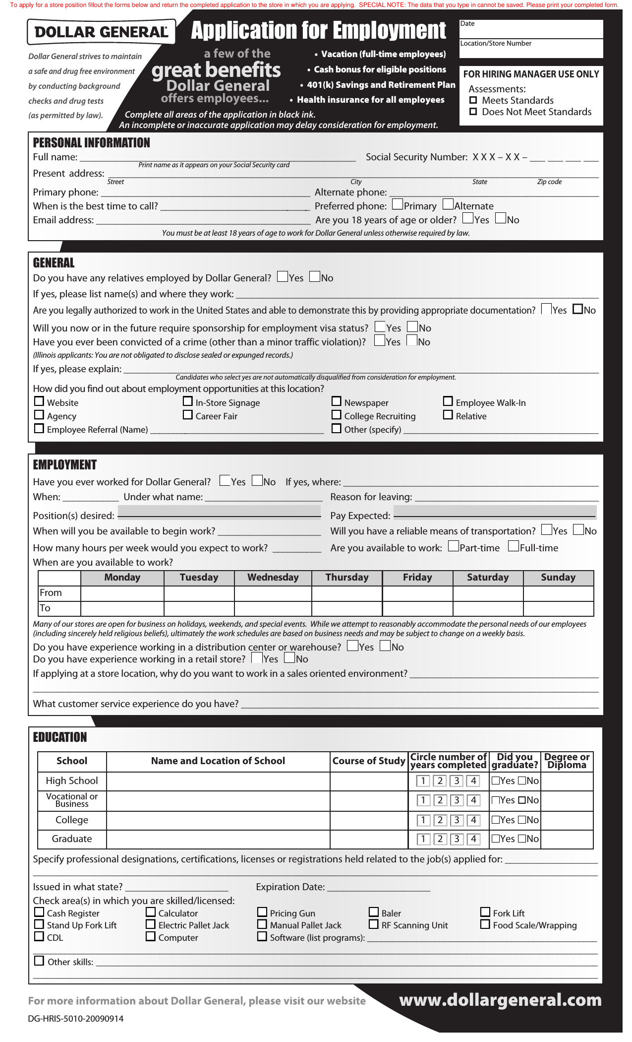 Dollar General Printable Application Form Printable Application 8297