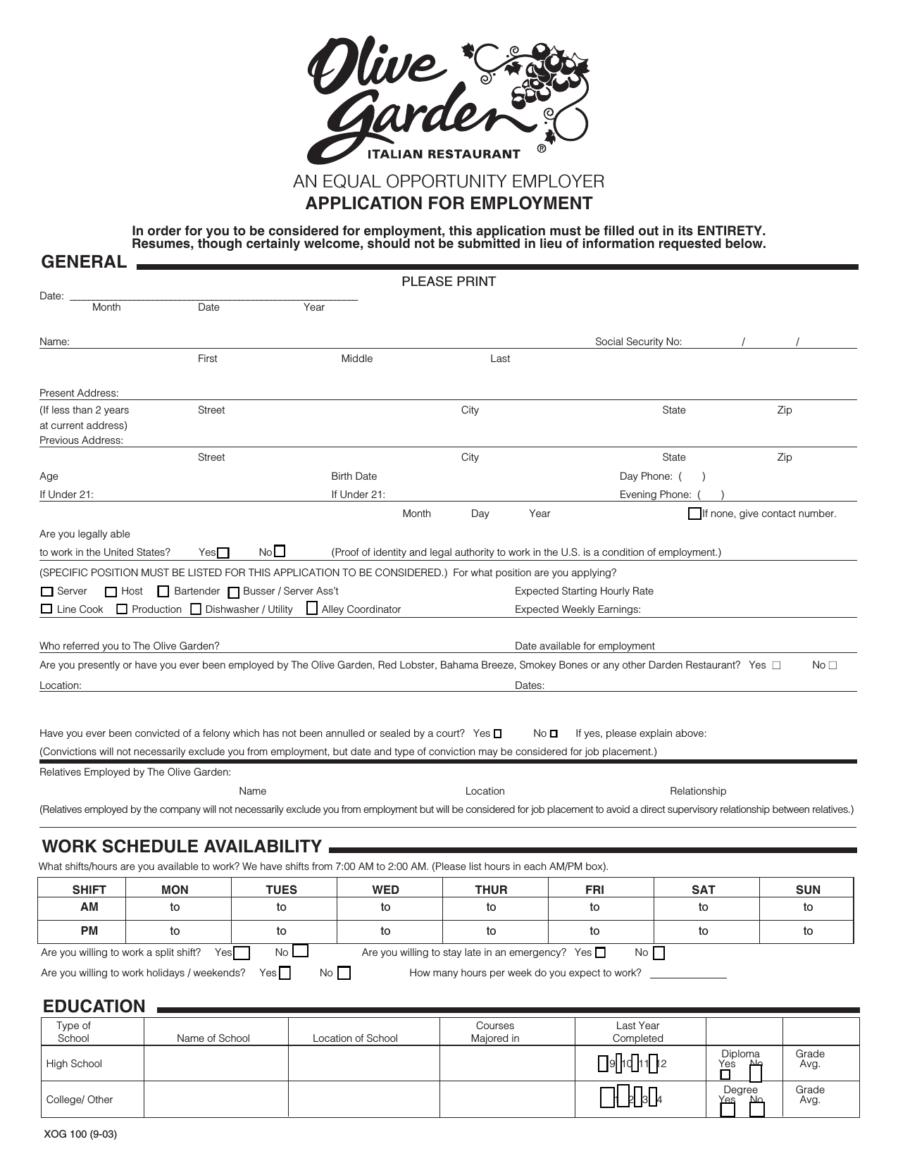 Download Olive Garden Job Application Form Careers PDF RTF Word