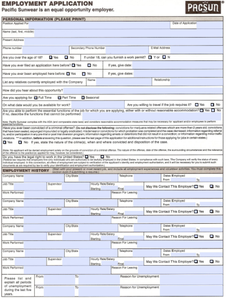 Download PacSun Job Application Form PDF Template WikiDownload