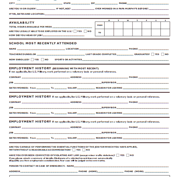 Download Papa Murphy s Job Application Form Today
