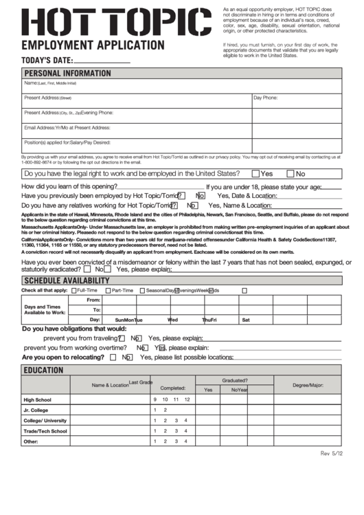 Employment Application Hot Topic Job Application Review Printable 