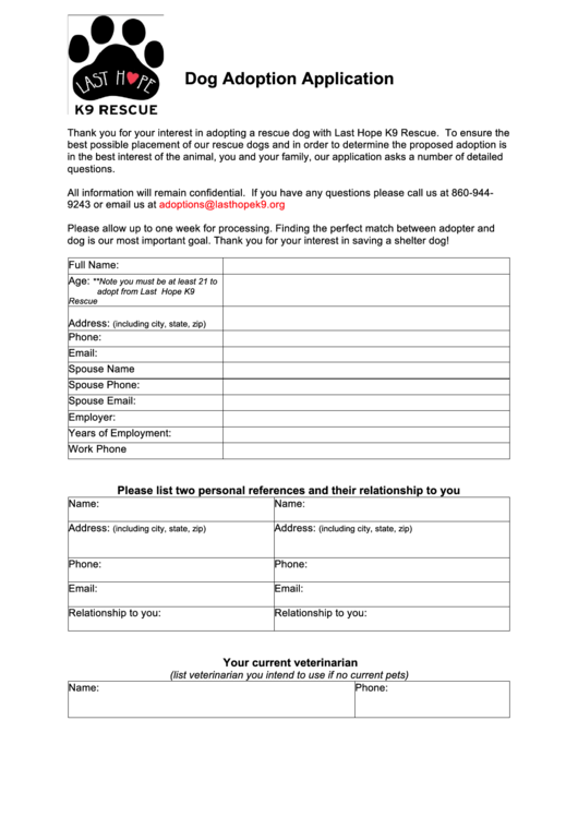 Printable Dog Adoption Application Printable Application