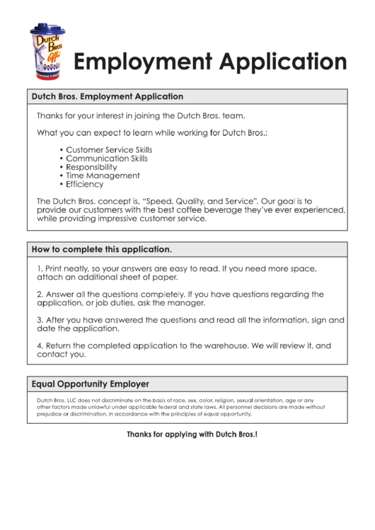 Dutch Bros Printable Job Application Printable Application