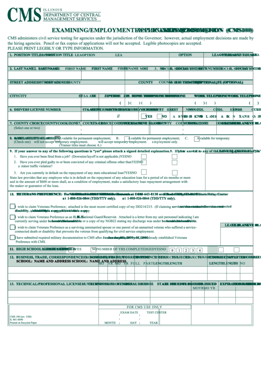 Fillable Form Cms100 Examining employment Application Illinois 