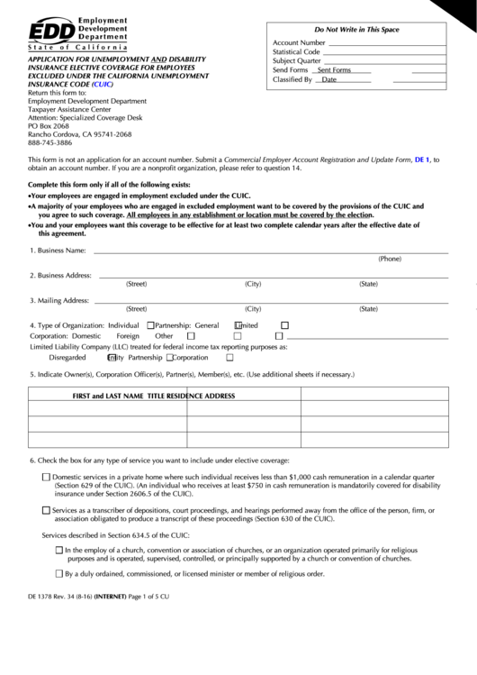 Fillable Form De 1378 Application For Unemployment And Disability 
