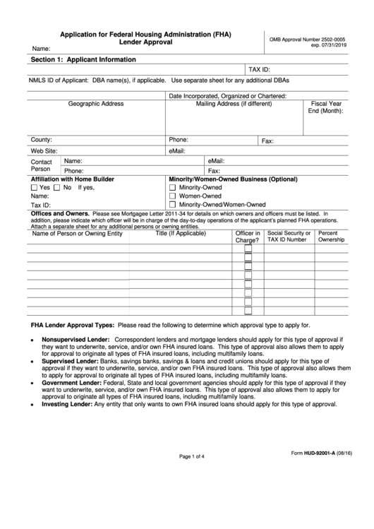 Fillable Form Hud 92001 A Application For Federal Housing Printable Application 9092