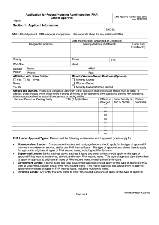 Fillable Form Hud 92001 A Application For Federal Housing Printable