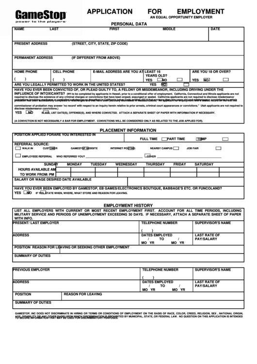 Fillable Gamestop Application For Employment Template Printable Pdf 