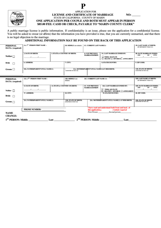 Fillable Public Marriage License Application Form State Of California