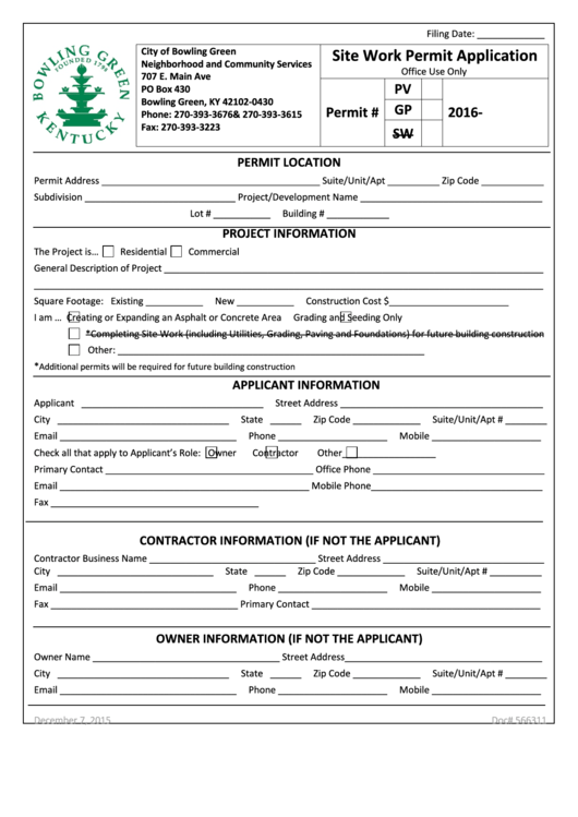 Fillable Site Work Permit Application Form City Of Bowling Green 