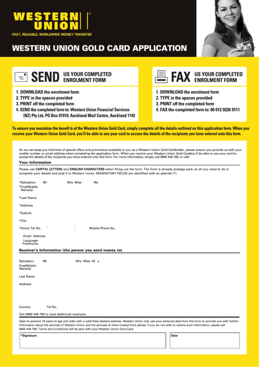 Fillable Western Union Gold Card Application Form Printable Pdf Download