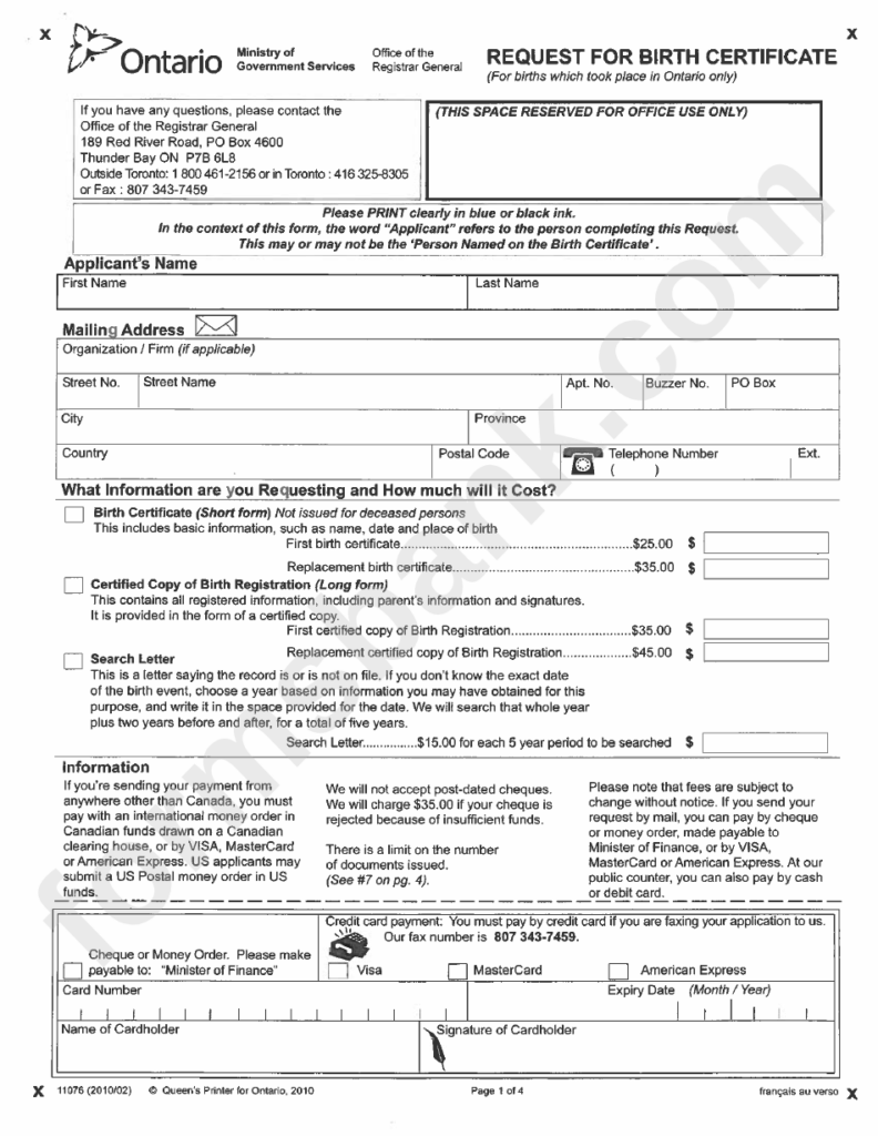 Form 11076 Request For Birth Certificate Ontario Canada Printable 