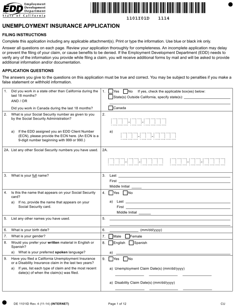Form DE1101ID Download Fillable PDF Or Fill Online Unemployment 