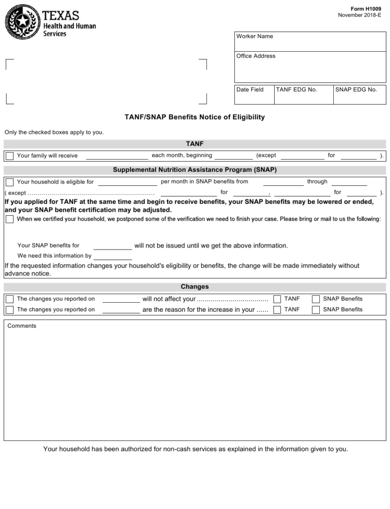Form H1009 Download Fillable PDF Or Fill Online TANF Snap Benefits 