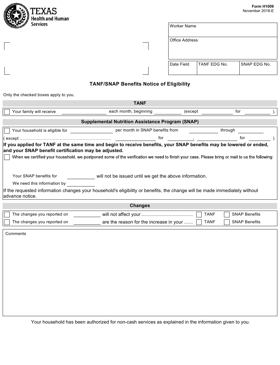 Form H1009 Download Fillable PDF Or Fill Online TANF Snap Benefits 