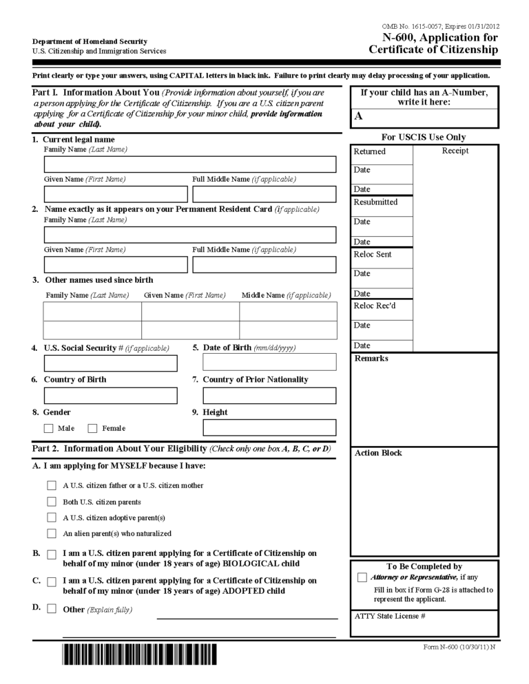 Form N 600 Application For Certificate Of Citizenship - Printable ...