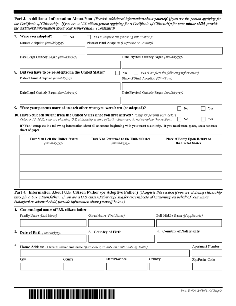 Form N 600 Application For Certificate Of Citizenship