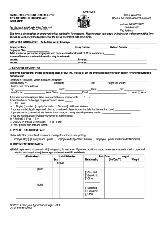Form Oci 26 501 Uniform Employee Application Printable Pdf Download