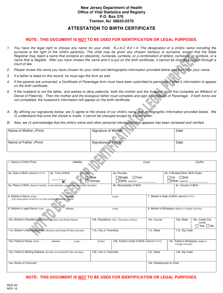 Form REG 40 Download Printable PDF Or Fill Online Attestation To Birth 