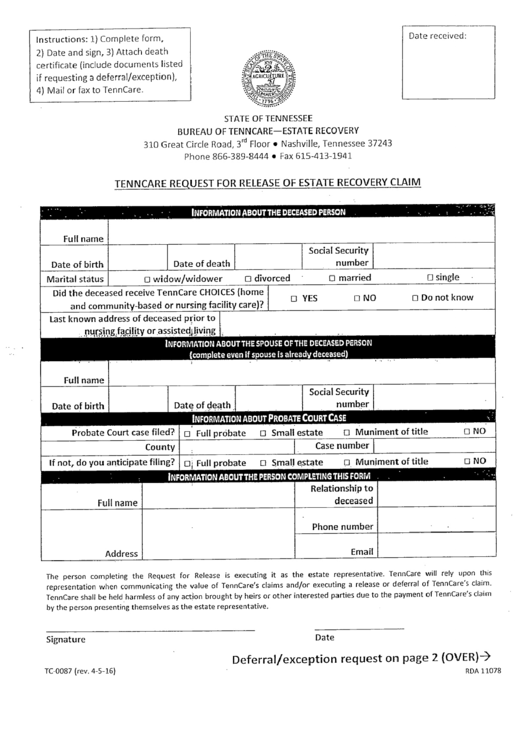 Form Tc 0087 Tenncare Request For Release Of Estate Recovery Claim