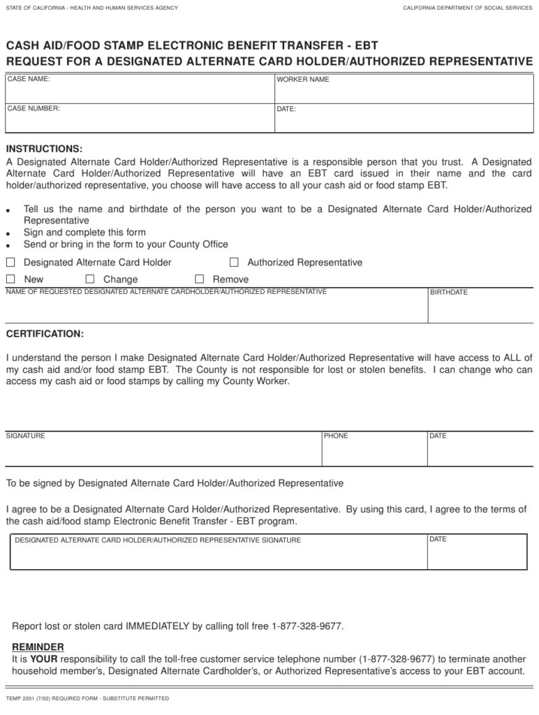Form TEMP2201 Download Fillable PDF Or Fill Online Cash Aid Food Stamp 