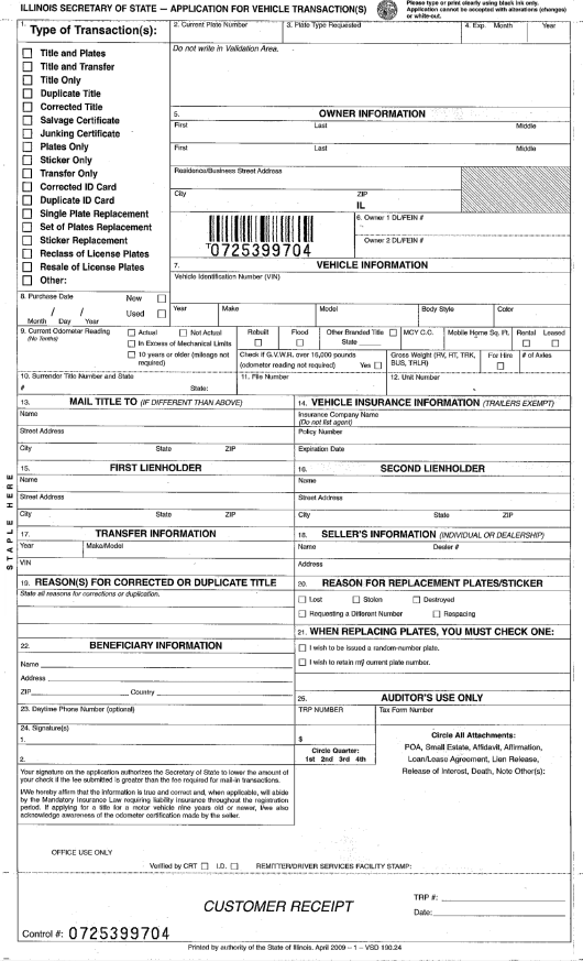 Printable Illinois Title Application Vsd 190 Pdf Printable Application   Form Vsd190 24 Download Printable Pdf Or Fill Online Application For 1 