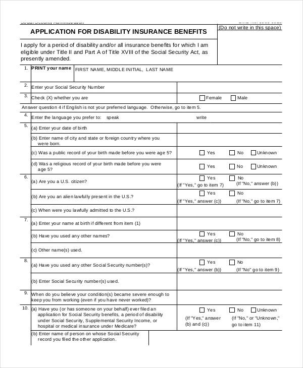 FREE 10 Sample Disability Application Forms In PDF MS Word