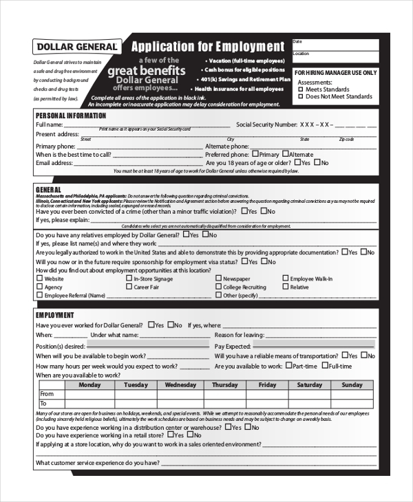 Dollar General Printable Application Form Printable Application 1811