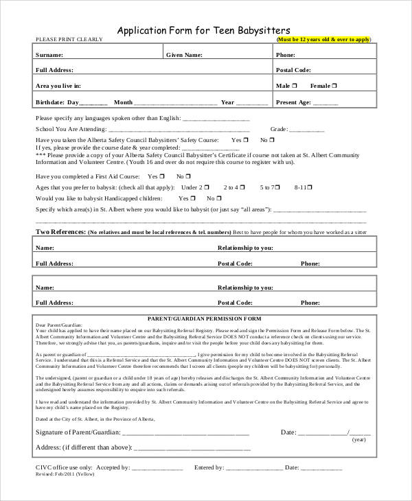 Printable Babysitter Application Form Printable Application