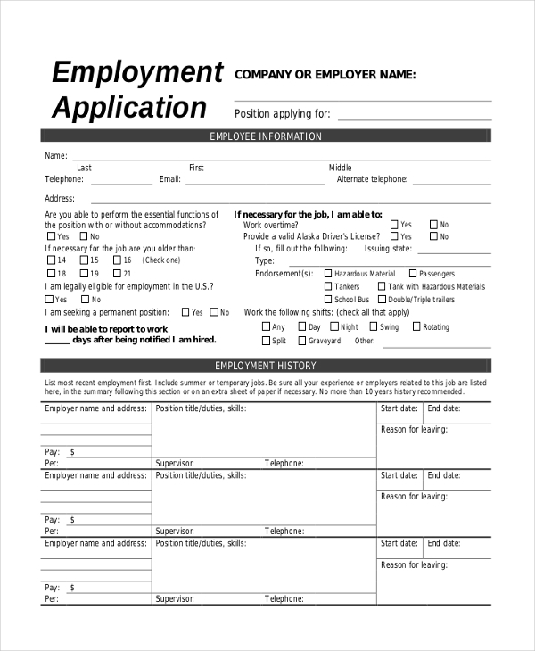 FREE 9 Sample Printable Job Application Forms In PDF Excel MS Word