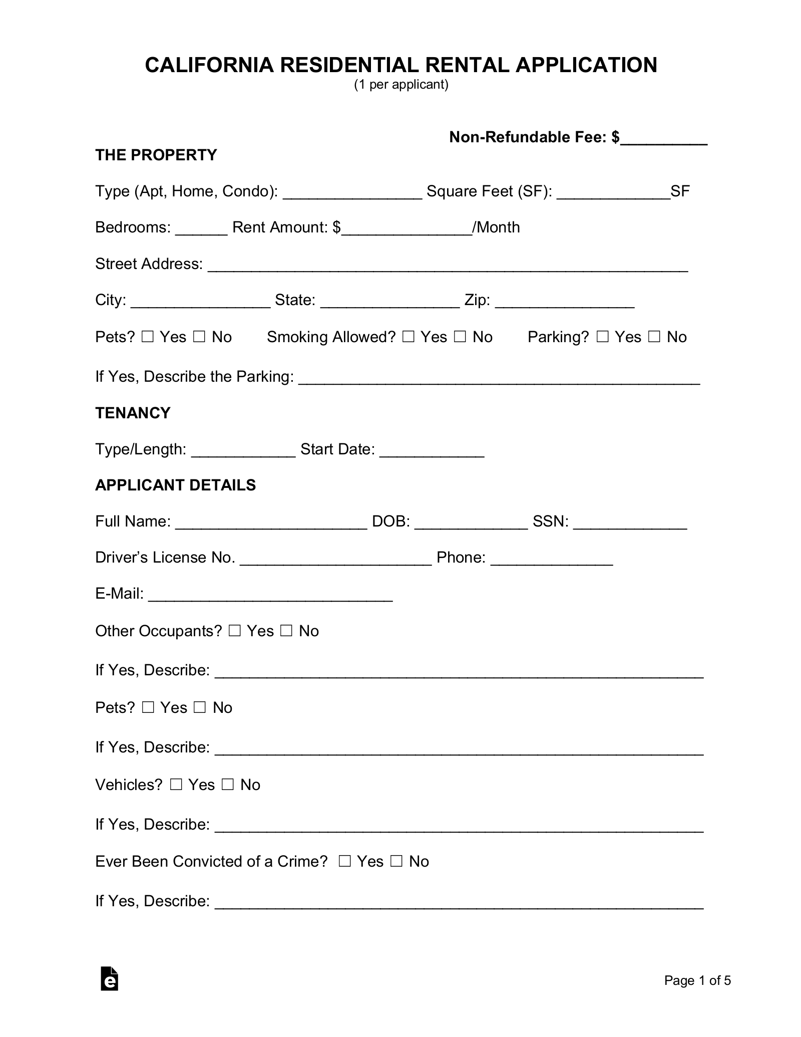 Free California Rental Application Form Word PDF EForms